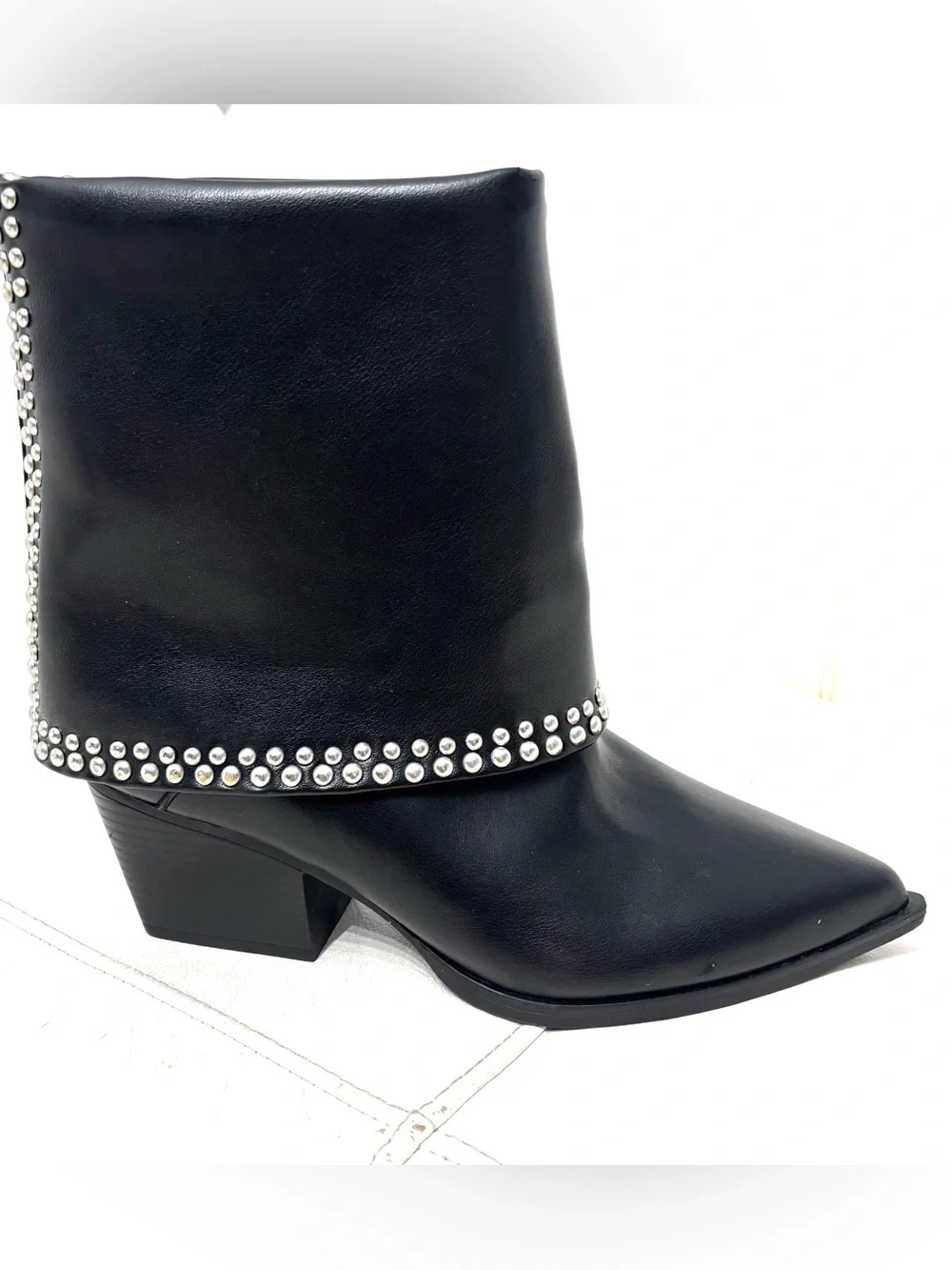 Michael Shanon Royce Fold Over Black Studded Pointed Ankle Booties